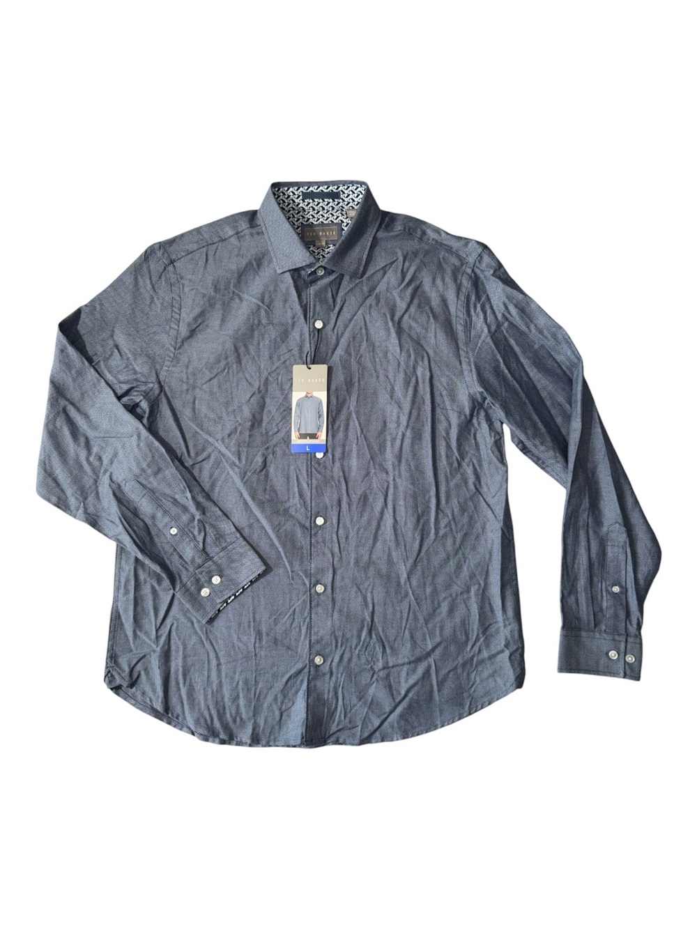 Ted Baker mens L Large blue herringbone 100% cotton button up shirt NWT